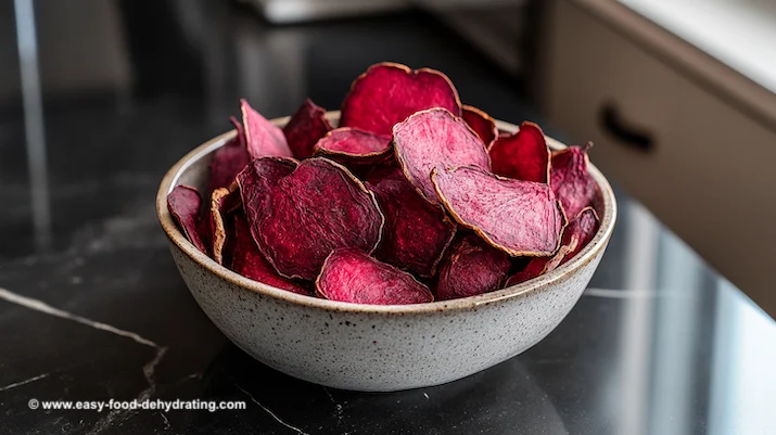 Dried beet chips in a rustic bowl on a kitchen countertop