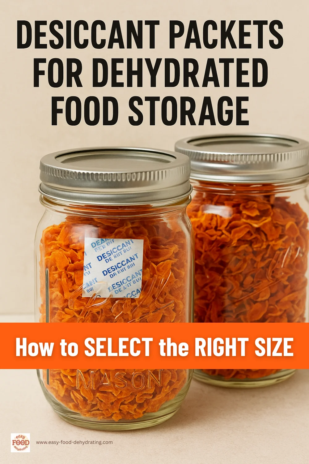 Mason jars of dehydrated carrots with a desiccant packet inside for dry food storage
