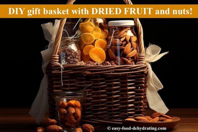 Wicker basket with fruit and nuts inside Mason jars