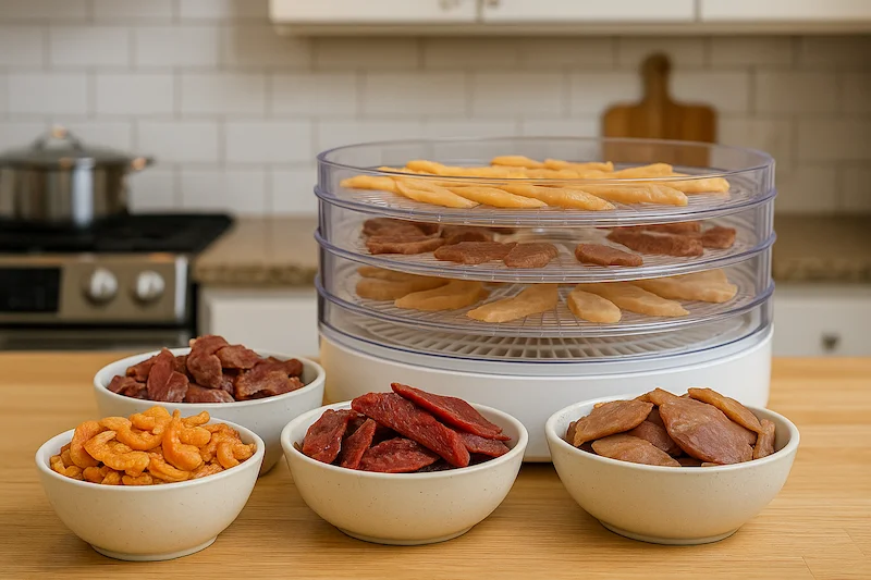 Trays of dried meats in a round food dehydrator, including shrimp, chicken, beef, pork, and turkey pieces