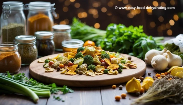 a pile of dried veggies on a circular wooden board on a table full of dried foods a pile of dried veggies on a circular wooden board on a table full of dried foods