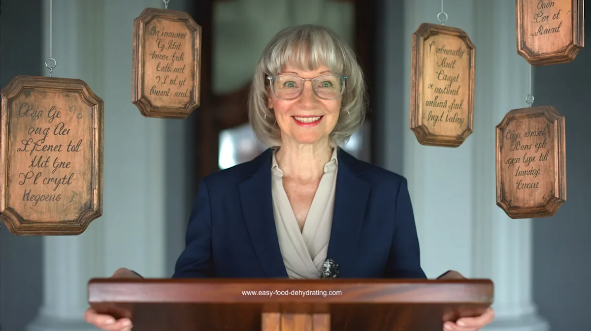 Easy Food Dehydrating Testimonials Hero – Plaques with Fan Quotes A smiling woman at a podium with wooden plaques hanging around her, each featuring engraved testimonial quotes, matching the Easy Food Dehydrating testimonials page design.