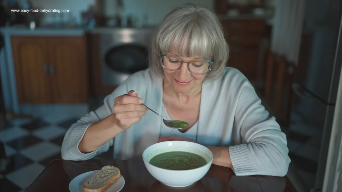 Enjoying a comforting bowl of homemade pea soup Woman enjoying a bowl of velvety green pea soup at the kitchen table with bread on the side