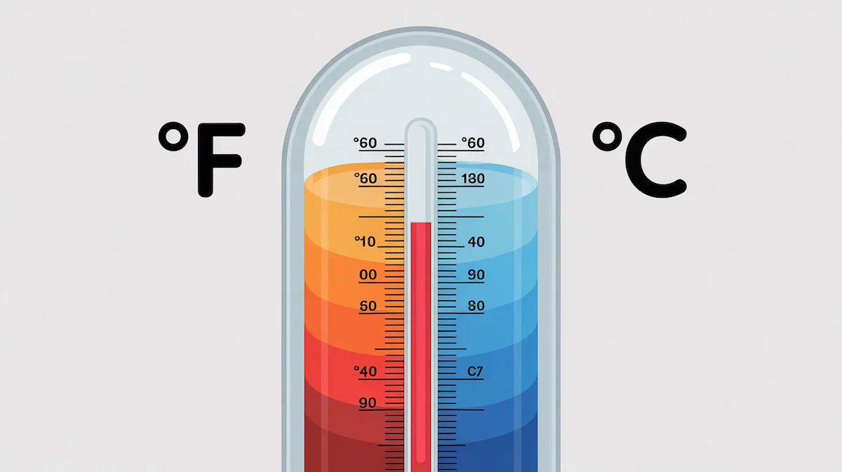 Fahrenheit to Celsius Converter Thermometer Graphic Thermometer illustration split between Fahrenheit in red and Celsius in blue for quick temperature conversion.