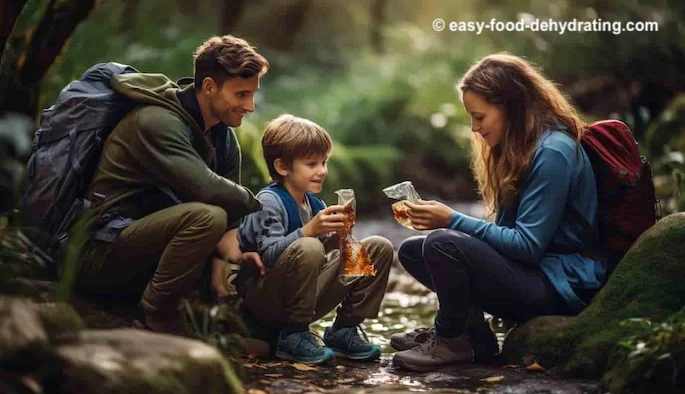 family backpacking, taking a rest to eat dried food snacks
