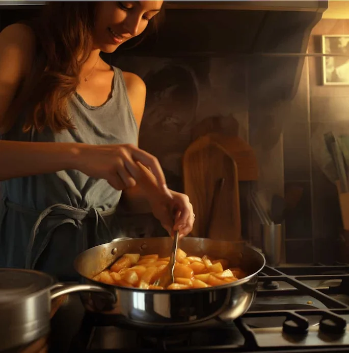 A female making apple sauce in a pan