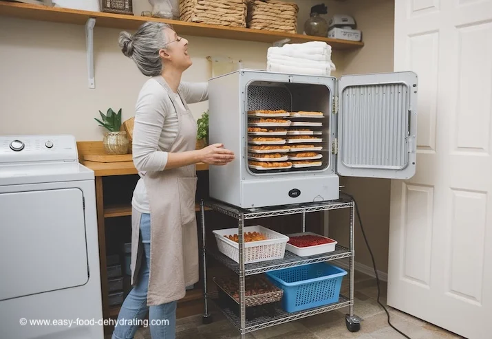 Female using her freezer-dryer in a laundry room Female using her freezer-dryer in a laundry room
