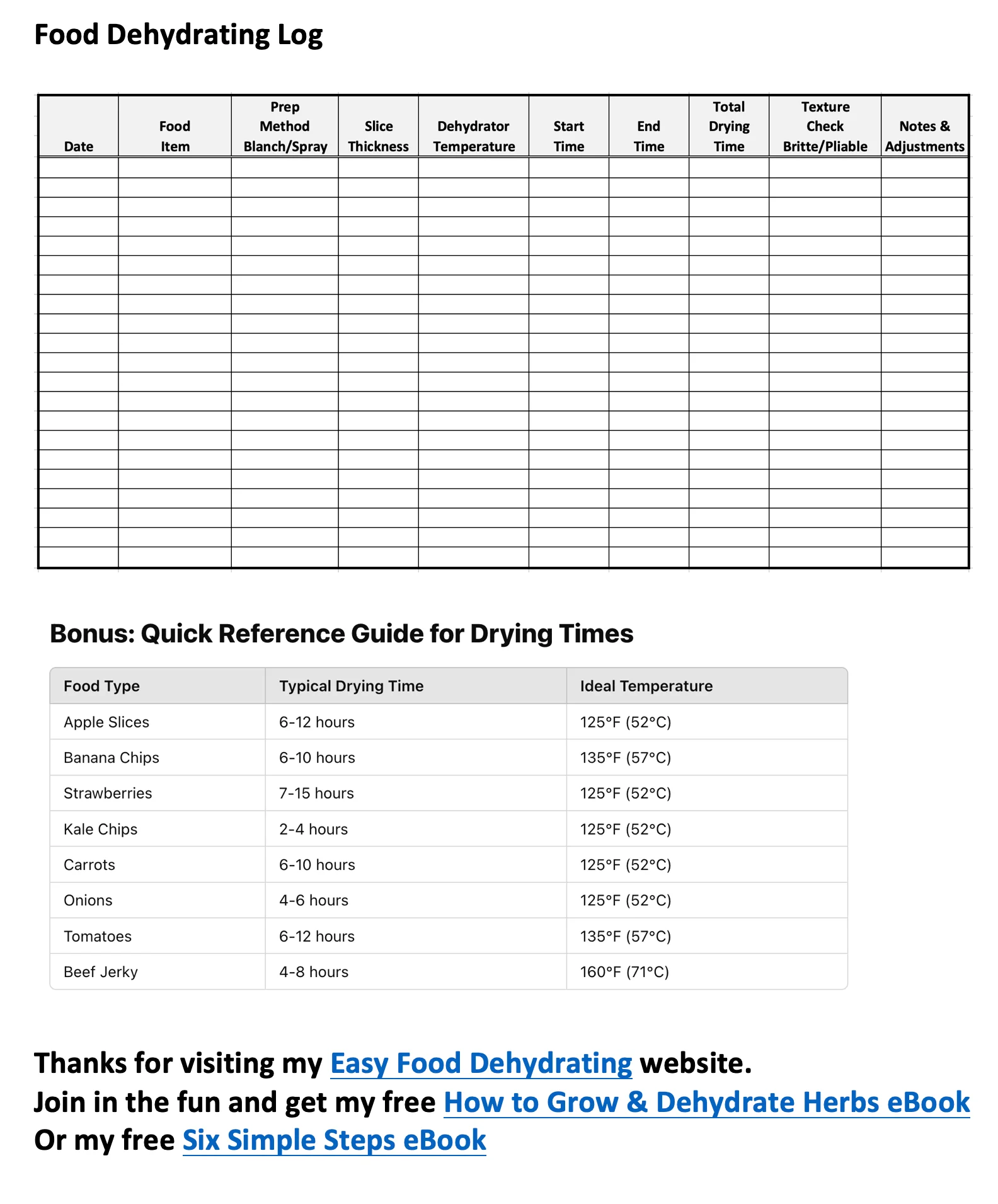 Free FOOD DEHYDRATING LOG 
