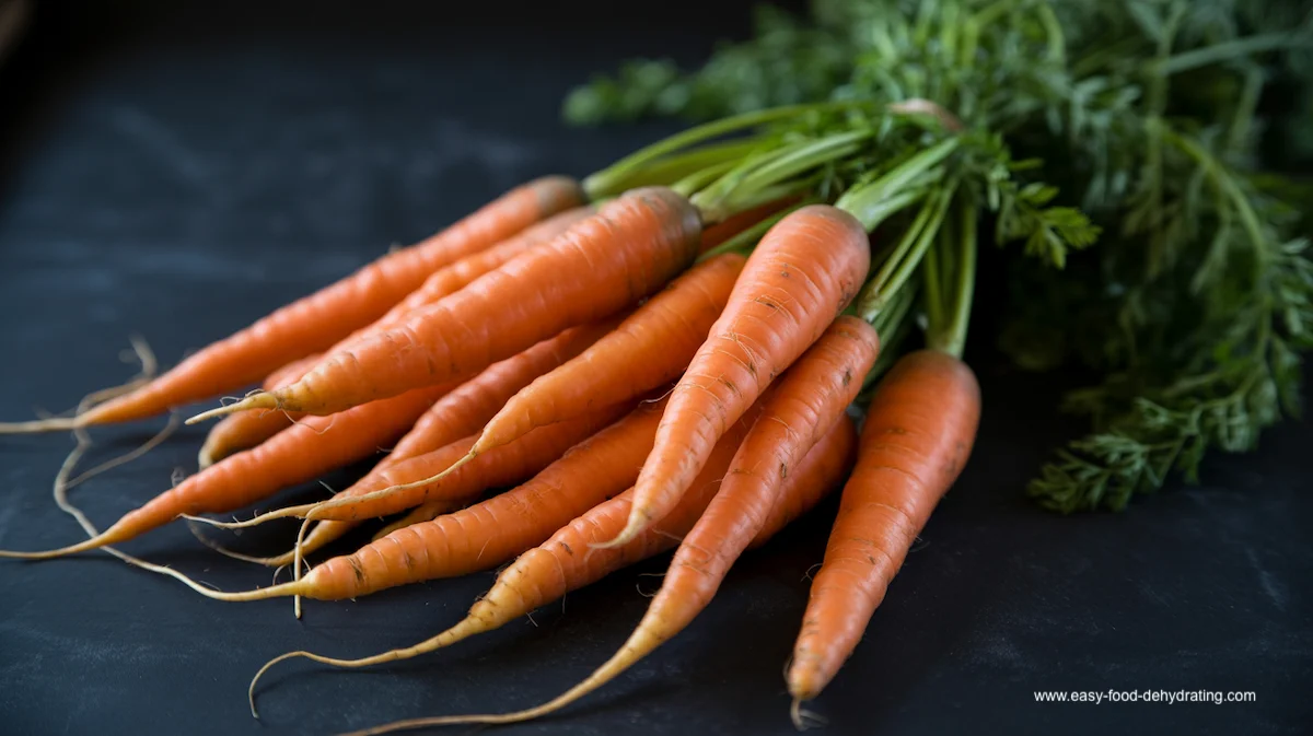 Fresh orange carrots with green tops arranged on a dark background