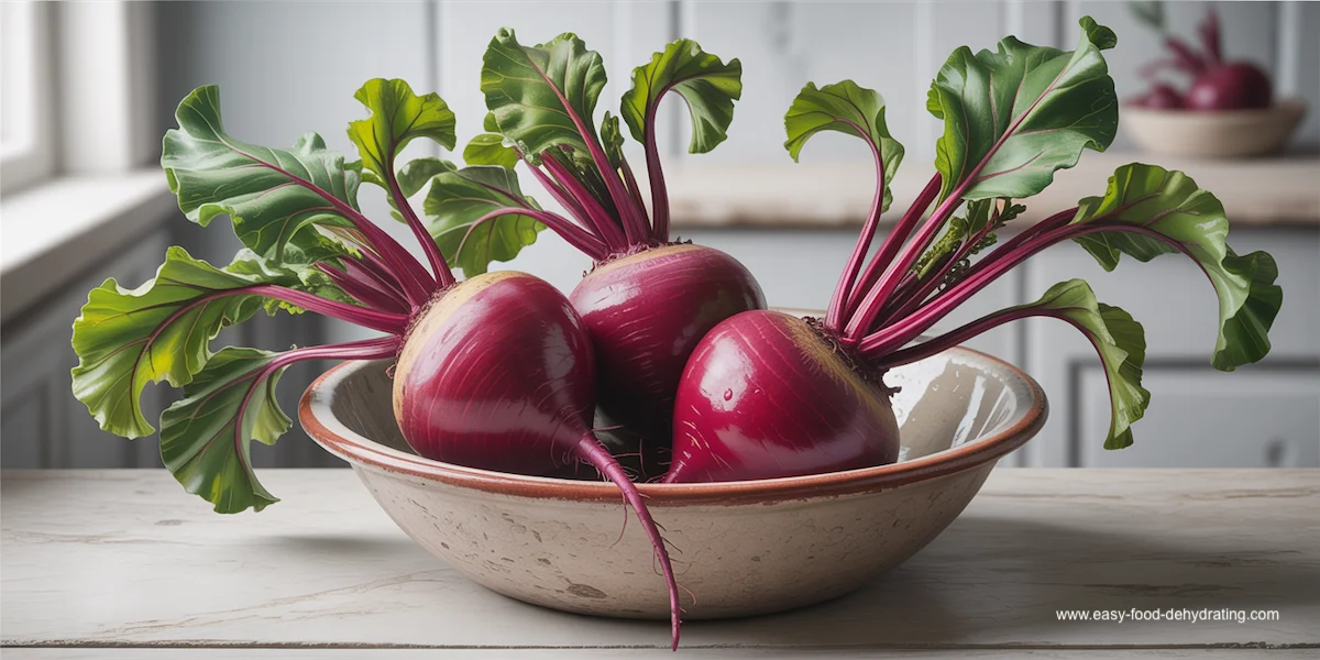 Fresh red beets with green leaves and purple stems in a rustic bowl on a kitchen counter