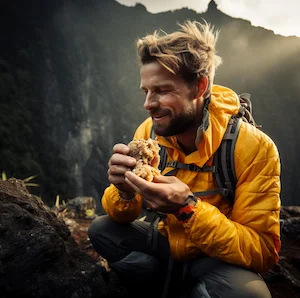 A male eating pineapple while backpacking