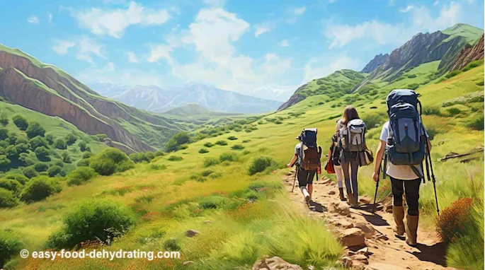 Family hiking in the hilly countryside