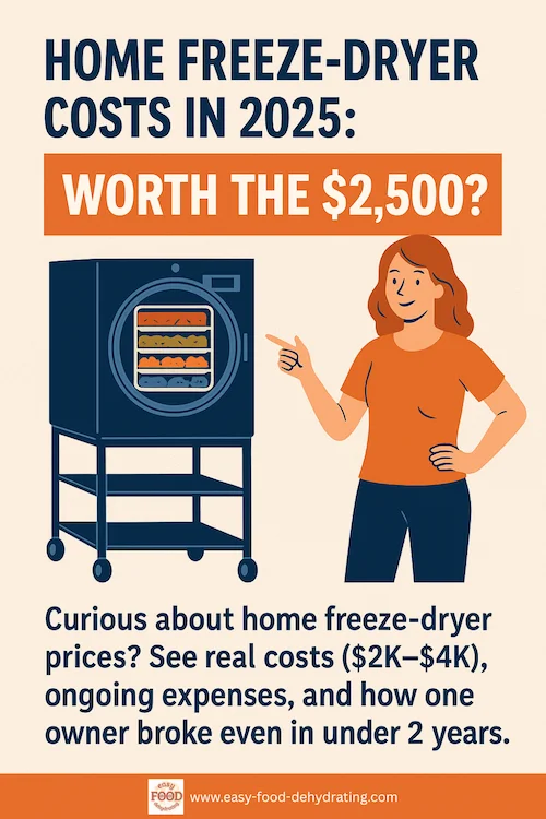 Woman pointing to a home freeze-dryer with text “Home Freeze-Dryer Costs in 2025: Worth the $2,500?”