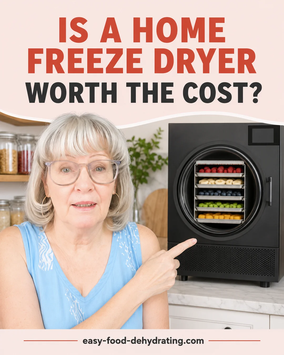 Susan points to a home freeze dryer beside the question, “Is a home freeze dryer worth the cost?”