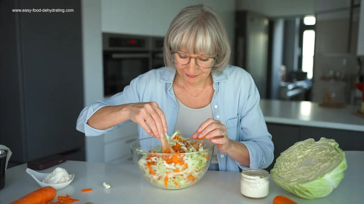 Making homemade coleslaw with fresh cabbage and carrots in a glass bowl. Woman mixing shredded cabbage and carrots in a glass bowl to prepare creamy homemade coleslaw in a modern white kitchen.