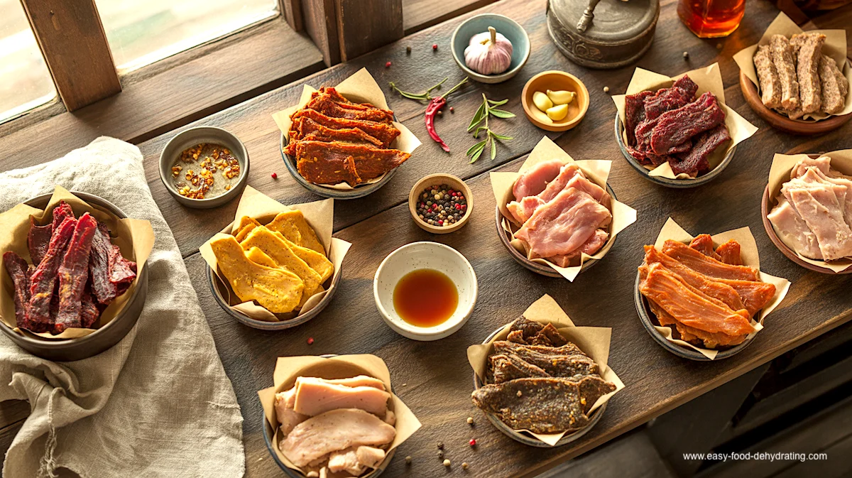 Easy Homemade Jerky Guide Hero Image – Rustic Kitchen Rustic wooden windowsill with bowls of homemade beef, chicken, pork, turkey, and fish jerky alongside spices and marinades.