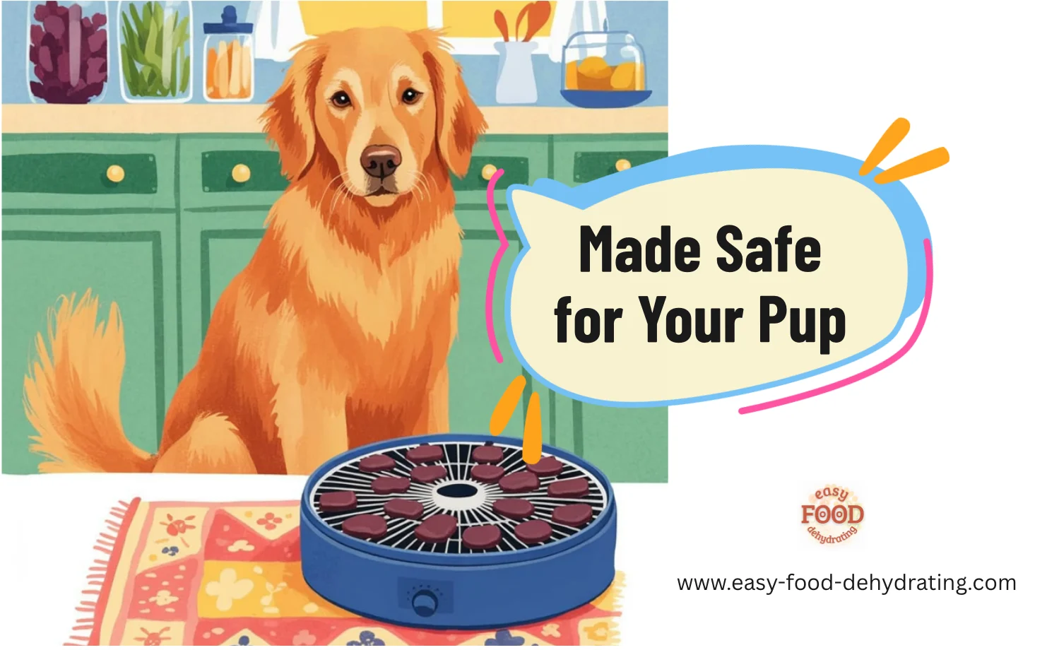 Homemade Liver Dog Treats – Safe, Healthy, Easy to Make Cartoon golden retriever sitting in a kitchen beside a dehydrator tray of liver snacks with a speech bubble that says “Made Safe for Your Pup.”