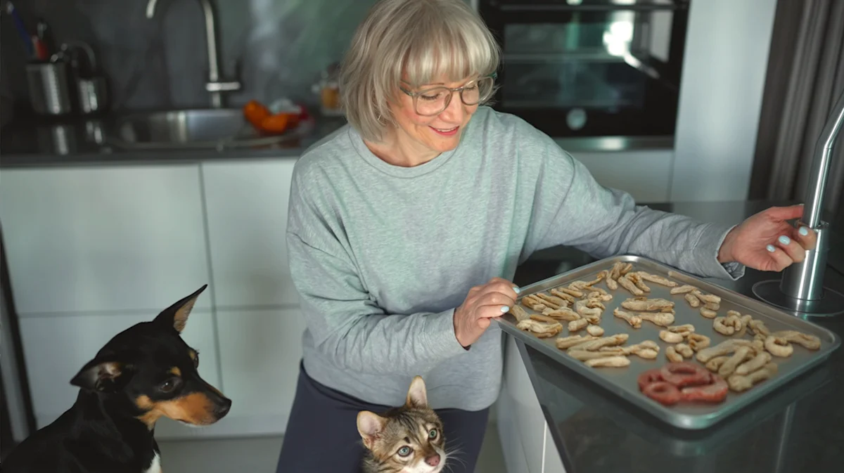 Woman showing homemade pet treats on a tray while a dog and cat wait beside her in the kitchen