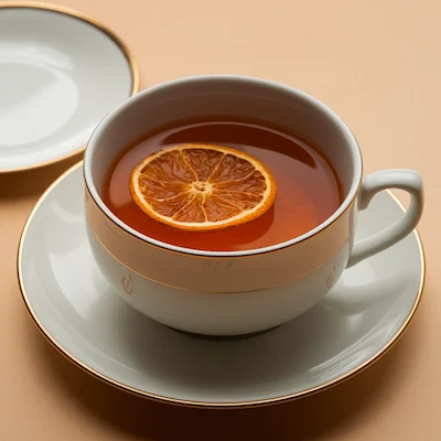 Cup of hot tea with a slice of dried orange