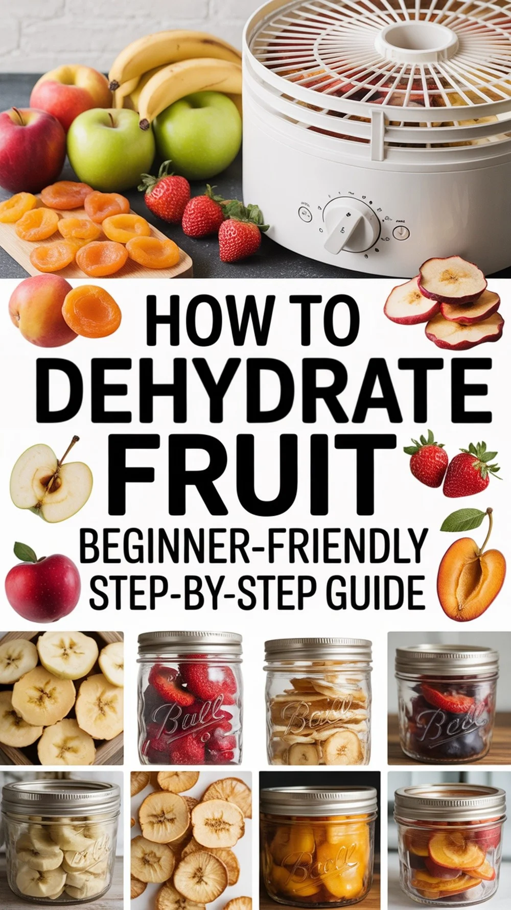 Electric food dehydrator with fresh bananas, apples, apricots, and strawberries beside jars filled with dehydrated fruit. Overlay text reads: “How to Dehydrate Fruit – Beginner-Friendly Step-by-Step Guide.”