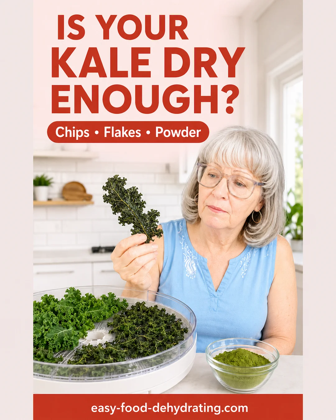 Susan holds up a piece of dried kale beside a food dehydrator filled with fresh and dried kale and a bowl of kale powder.