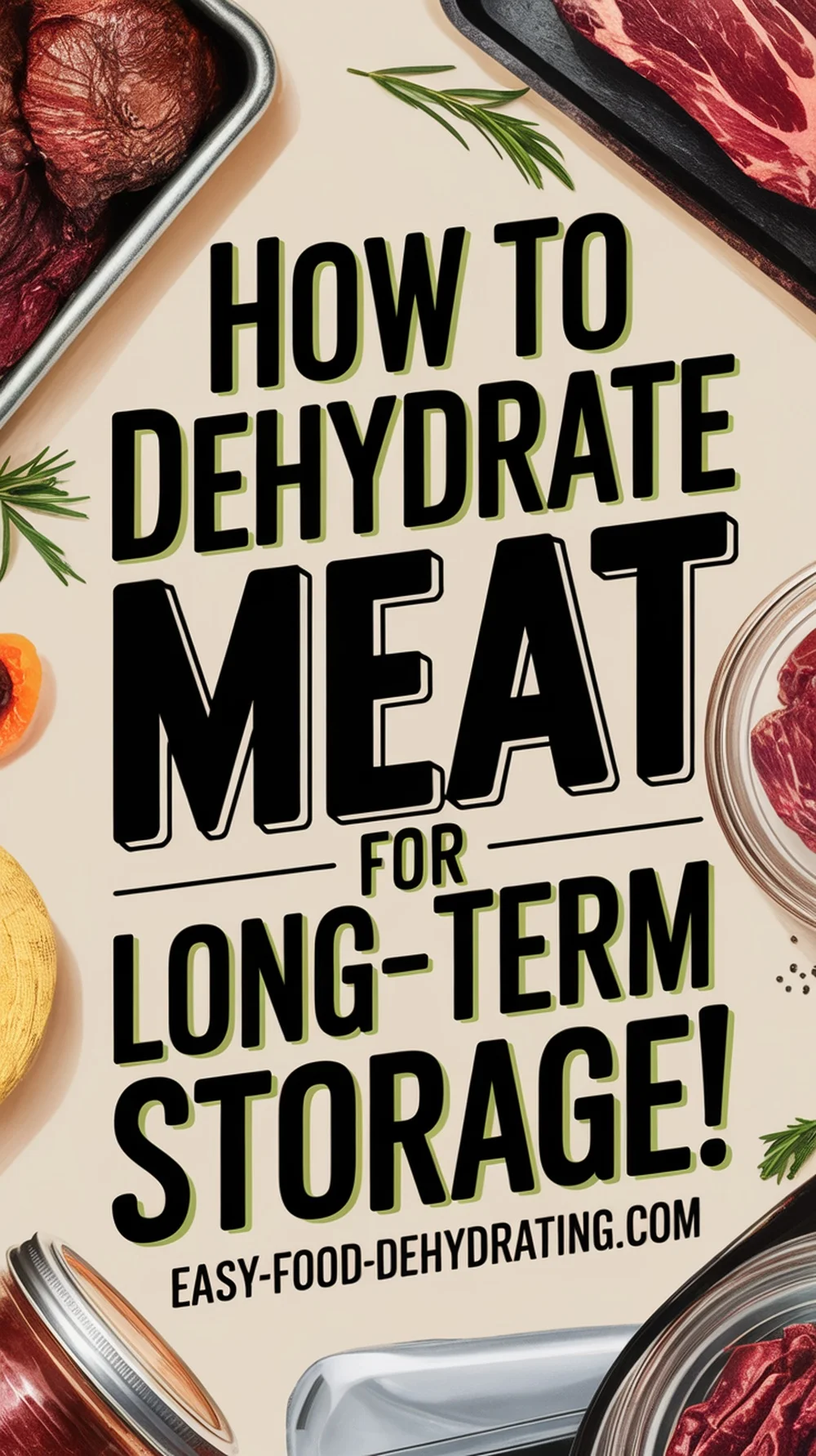 Dehydrated meat and raw beef with text that reads How to Dehydrate Meat for Long-Term Storage.