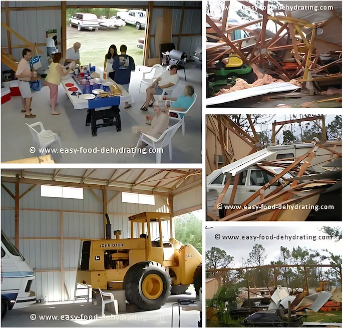 'Before' and 'After' collage of Hurricanes Frances and Jeanne's destruction of a newly-built workshop
