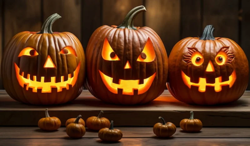 Three glowing Jack-o’-lantern pumpkins with carved faces, surrounded by small decorative pumpkins on a wooden surface.