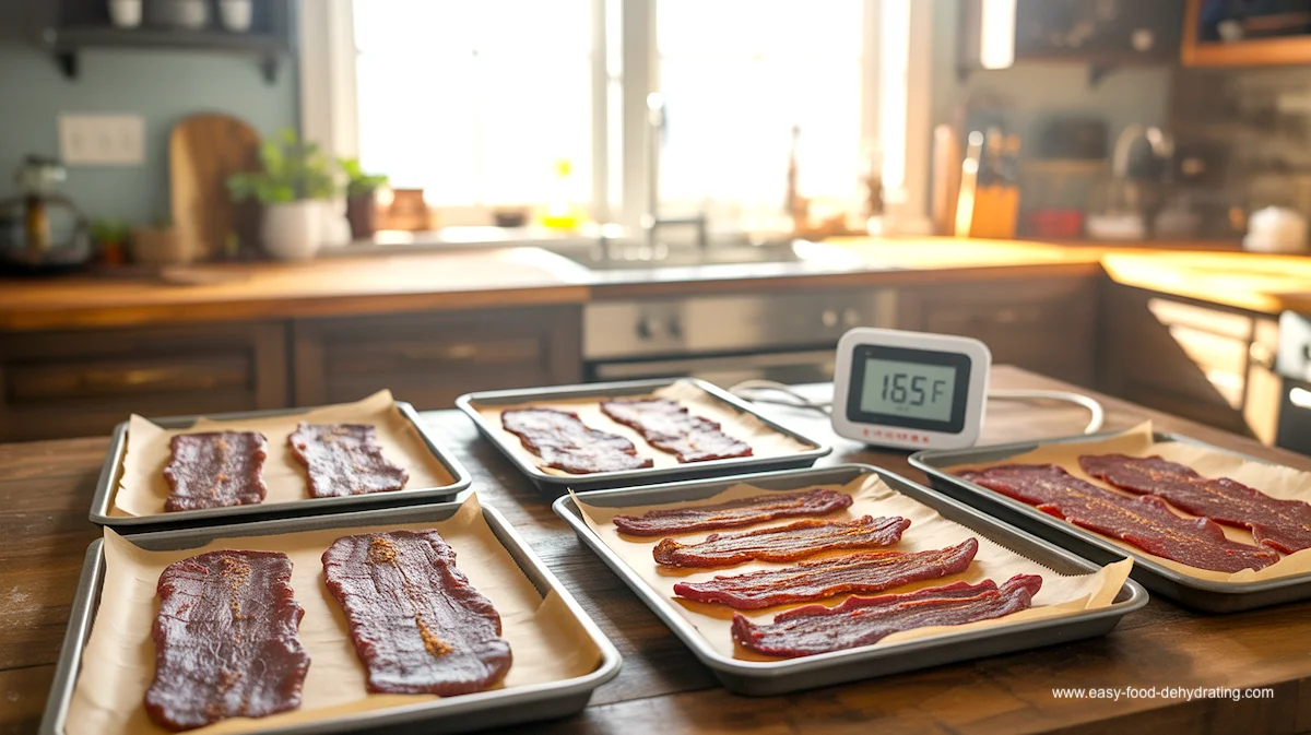 Jerky Troubleshooting Hero Image – Safe Drying at 165°F Homemade jerky on trays with thermometer reading 165°F for safe dehydrating