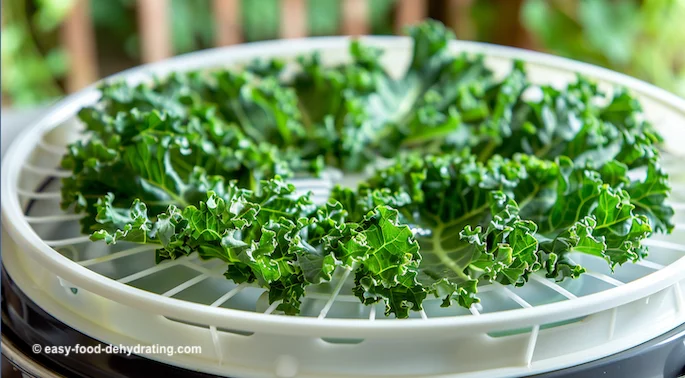 kale on a round white dehydrator tray