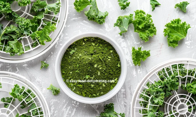 kale on a dehydrator tray, with a bowl of powdered kale