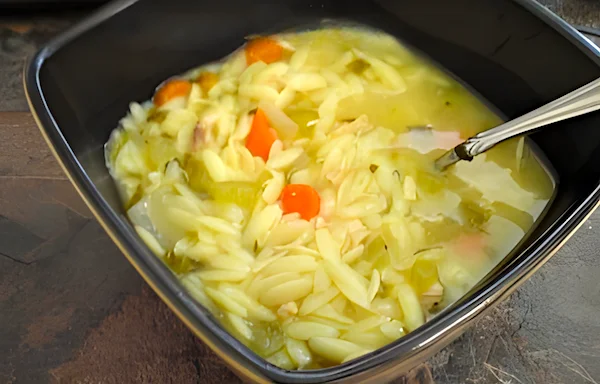 Bowl of chicken orzo soup with carrots, celery, and lemony broth