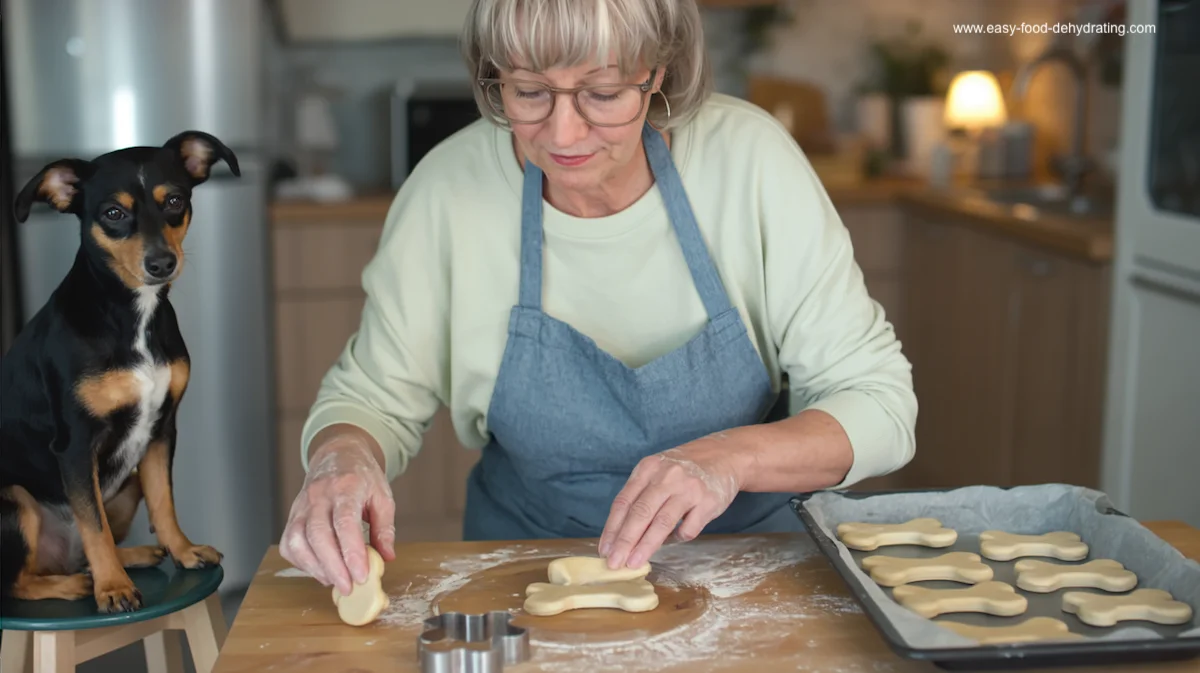 Susan in apron shaping homemade dog bone treats while a Miniature Pinscher watches attentively from a stool in a cozy kitchen. Susan in apron shaping homemade dog bone treats while a Miniature Pinscher watches attentively from a stool in a cozy kitchen.