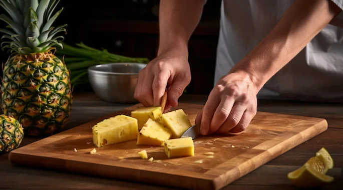 cutting pineapple on a wooden board
