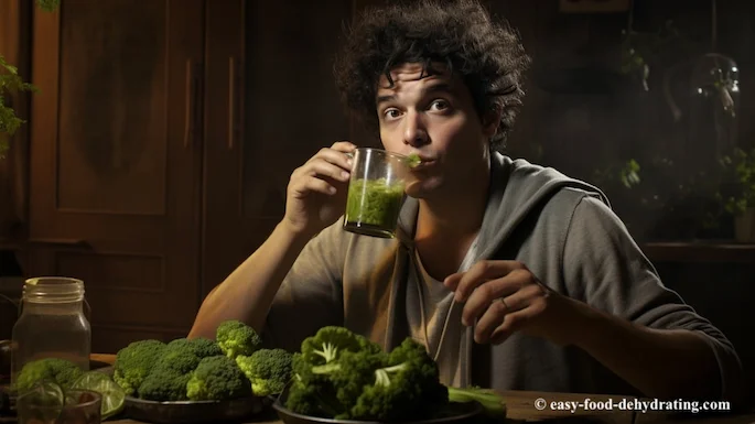 Homemade broccoli powder drink made from dehydrated sprouts Young man drinking a homemade broccoli powder mix for daily health boost