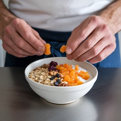 Male adding dried fruit to a bowl of muesli
