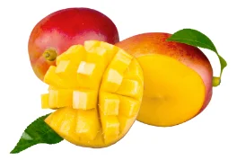 Whole and sliced mangoes with yellow flesh