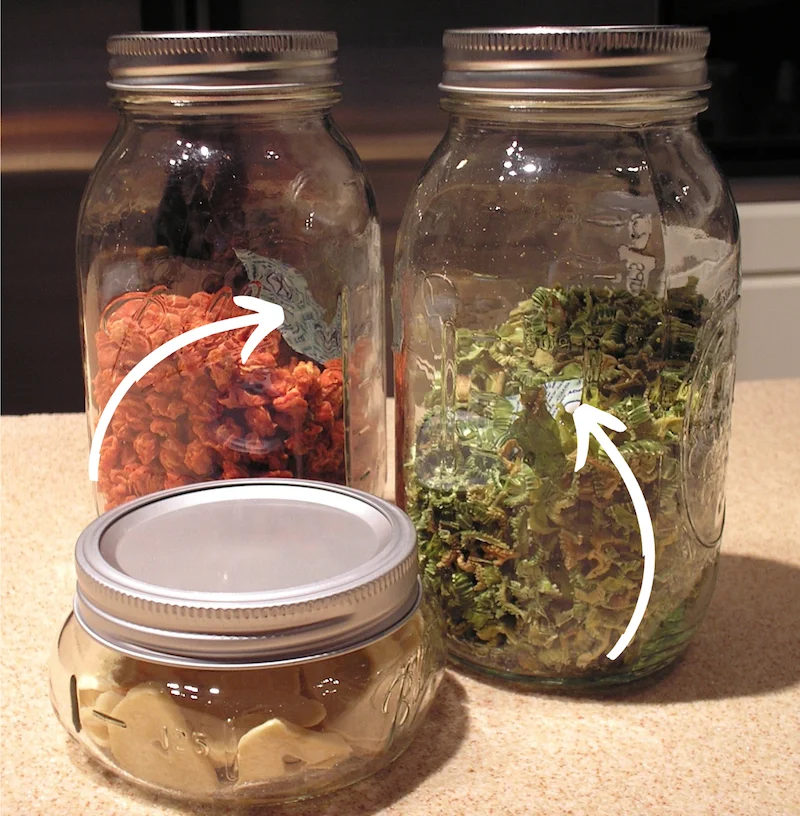 Quart mason jars with dehydrated carrots and celery, arrows pointing to oxygen absorbers inside, and a half-pint jar with dehydrated elephant garlic slices