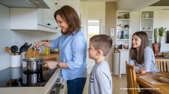 A busy mom with her kids, cooking soup on the stove A busy mom with her kids, cooking soup on the stove