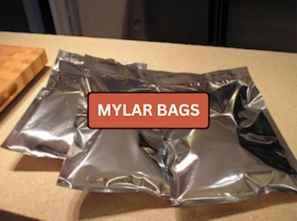 Shiny tough Mylar bags used for long-term dehydrated food storage