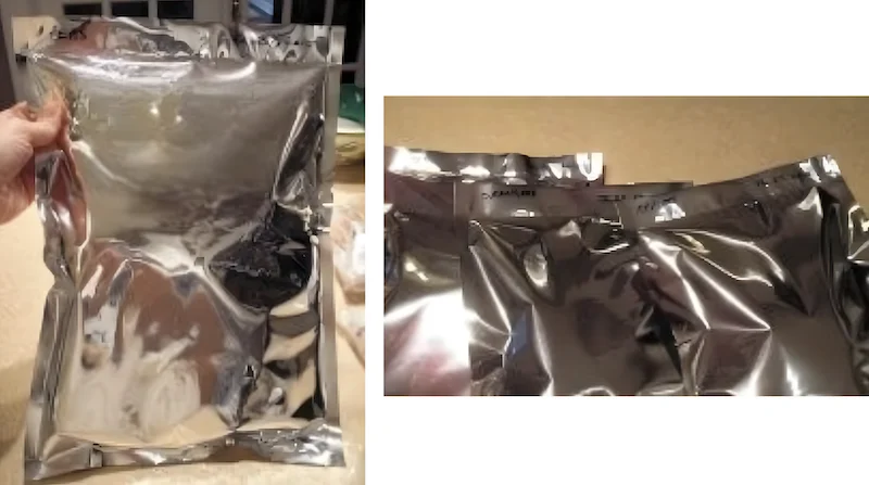 Mylar bag filled with vacuum-sealed packs of dried peas, and three sealed Mylar bags ready for storage