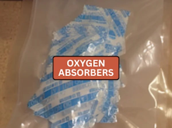 Oxygen absorber packets inside a clear plastic bag for food storage