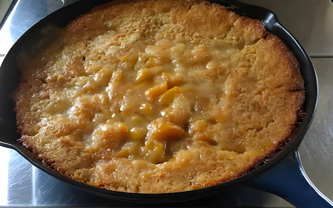 Peach Cobbler in cast iron skillet