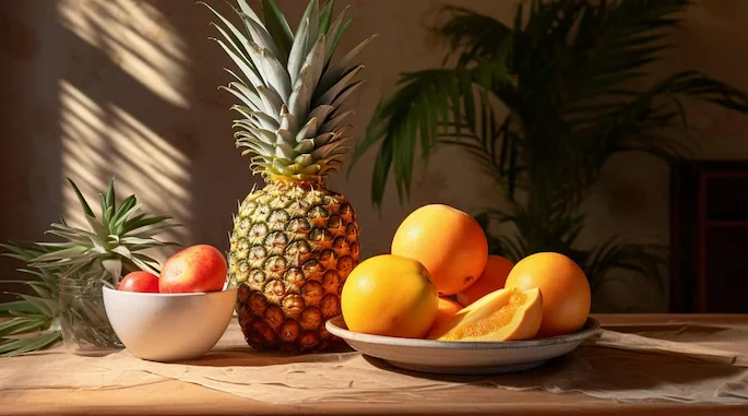 peach, pineapple, and apricots on a table peach, pineapple, and apricots on a table