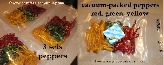 Dehydrated peppers, vacuum packed with oxygen absorbers.