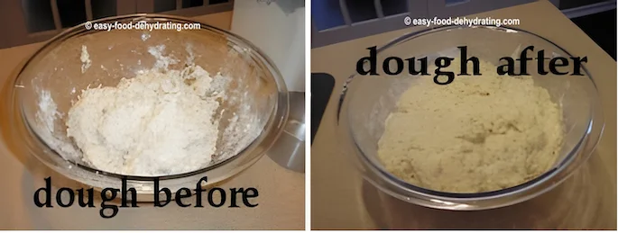 bread dough in a mixing bowl before, and two hours later