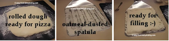 A trio of pics showing bread dough on a spatula