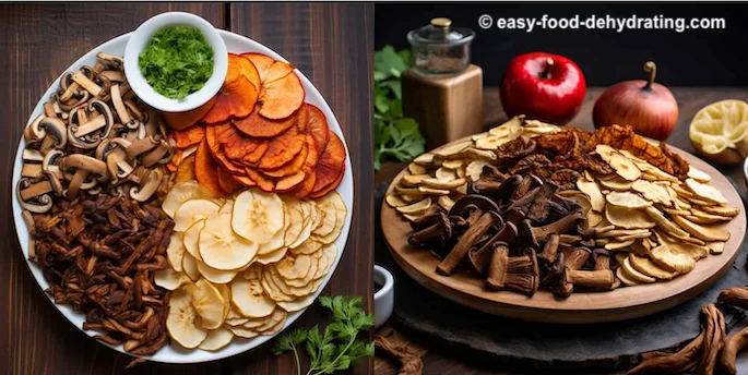 Dried sliced apples and dried sliced mushrooms Dried sliced apples and dried sliced mushrooms