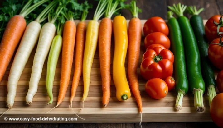 Colorful vegetables in a row on a bamboo cutting board carrots in a row