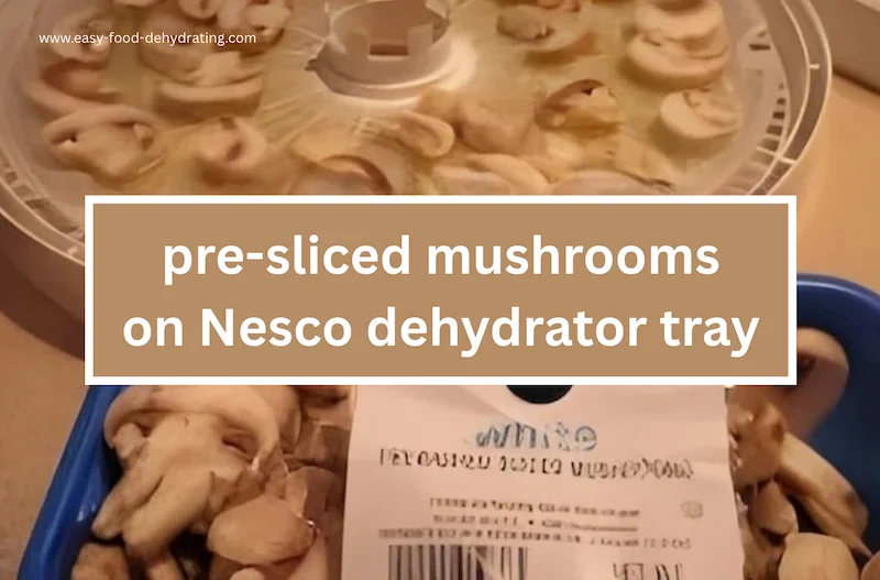 Mushrooms on a Nesco dehydrator tray and a carton of Publix brand sliced mushrooms Pre-sliced mushrooms on a Nesco dehydrator tray and a carton of Publix brand sliced mushrooms